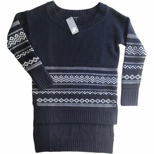 Splendid “Telluride” fair isle blue and white high-low sweater with side vents